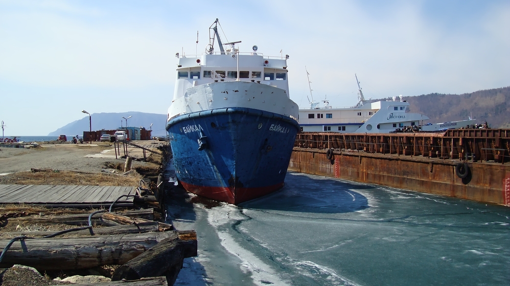 Ship stuck in ice at Lake Baikal